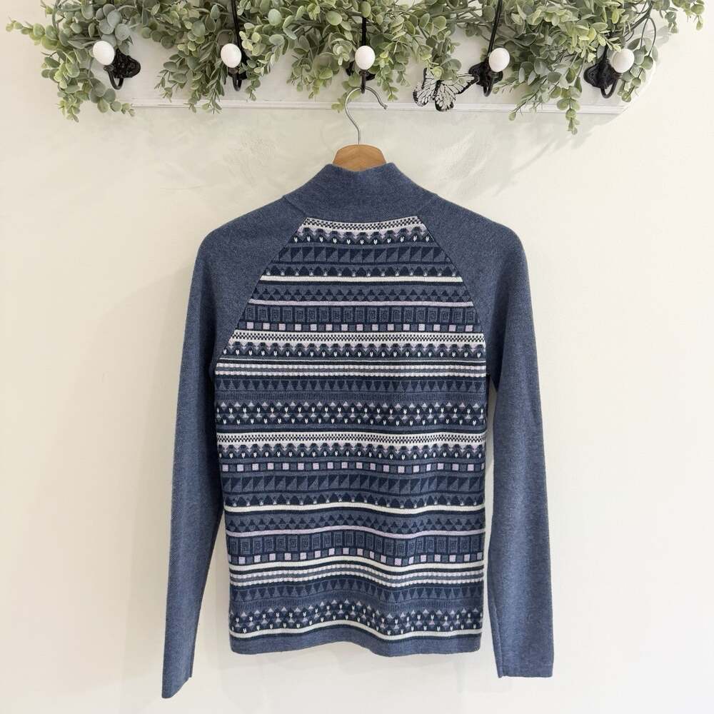 Title Nine Blue Merino Wool Fair Isle Quarter Zip Sweater Small i4087